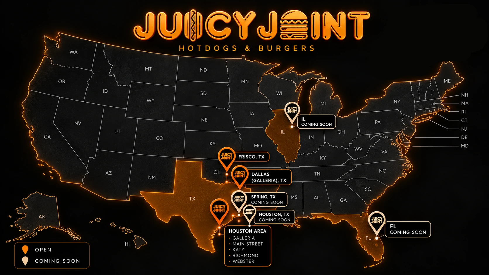 Juicy Joint supplied United States expansion map showing Texas locations and planned Illinois and Florida locations