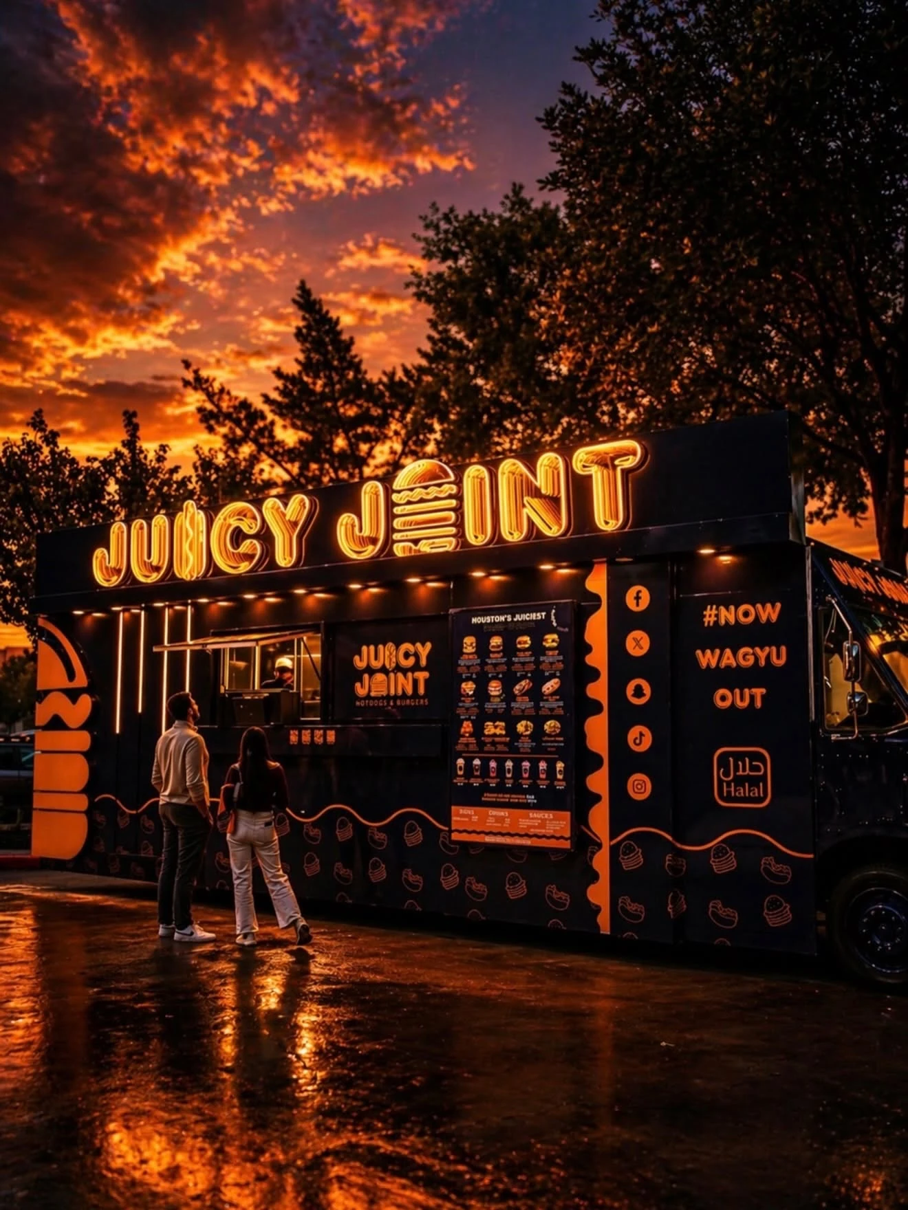 Juicy Joint food truck with orange neon signage against a dramatic Houston sunset